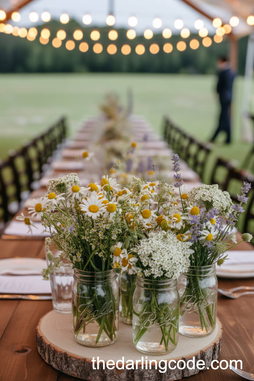 Wildflower Mason Jars on a Wood Slice