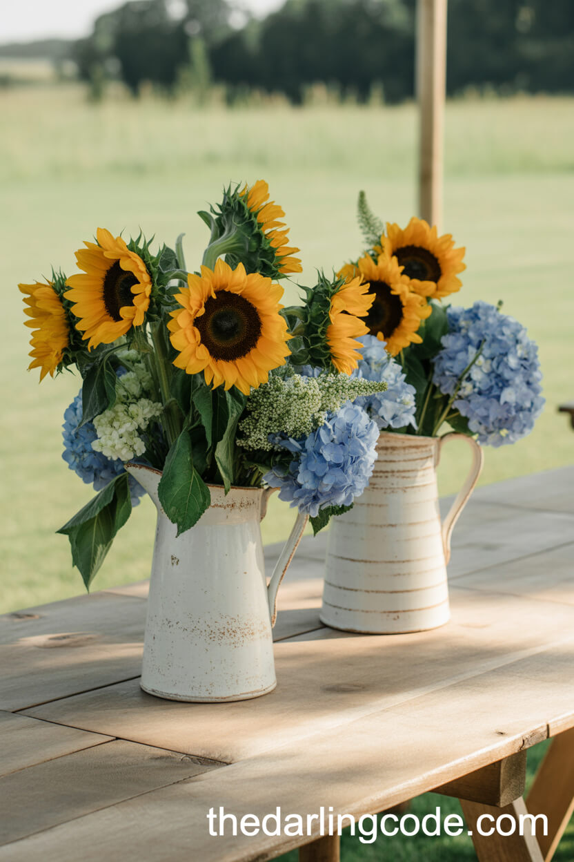 Ceramic Pitchers with Sunflowers and Hydrangeas