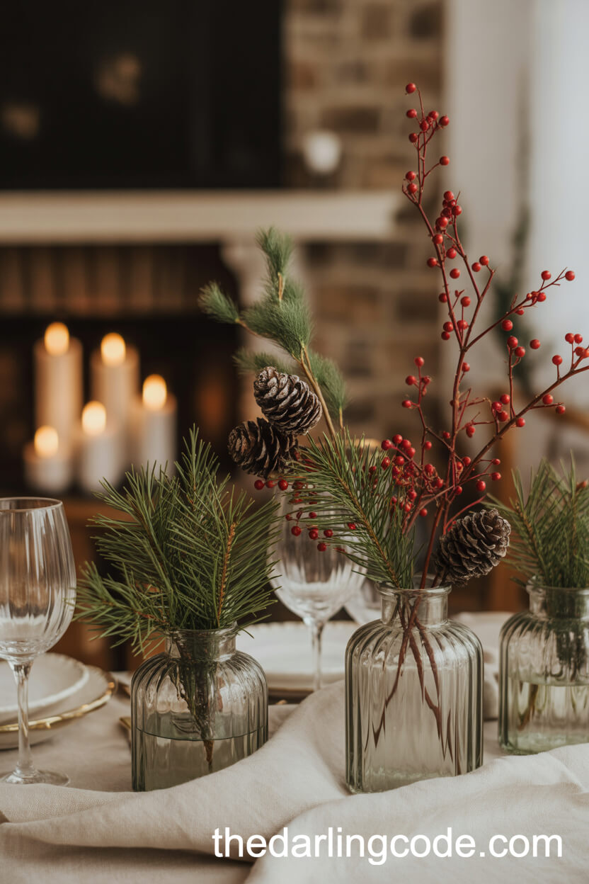 Winter Evergreens and Berries in Glass Vases