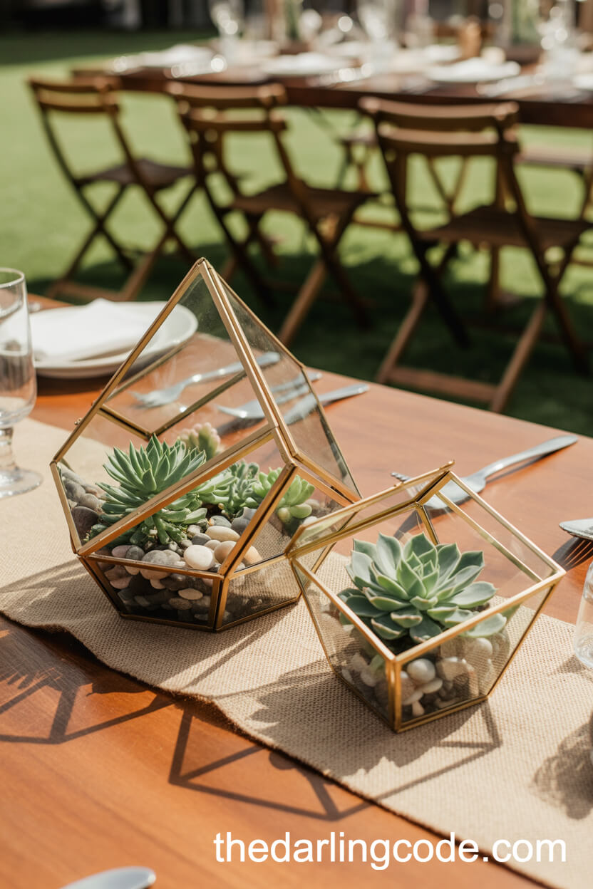 Succulent Terrariums atop Burlap Runners