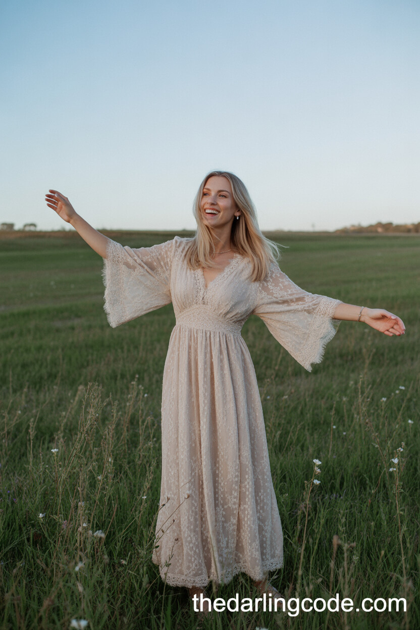 Delicate Lace Rustic Wedding Dress With Flowy Sleeves