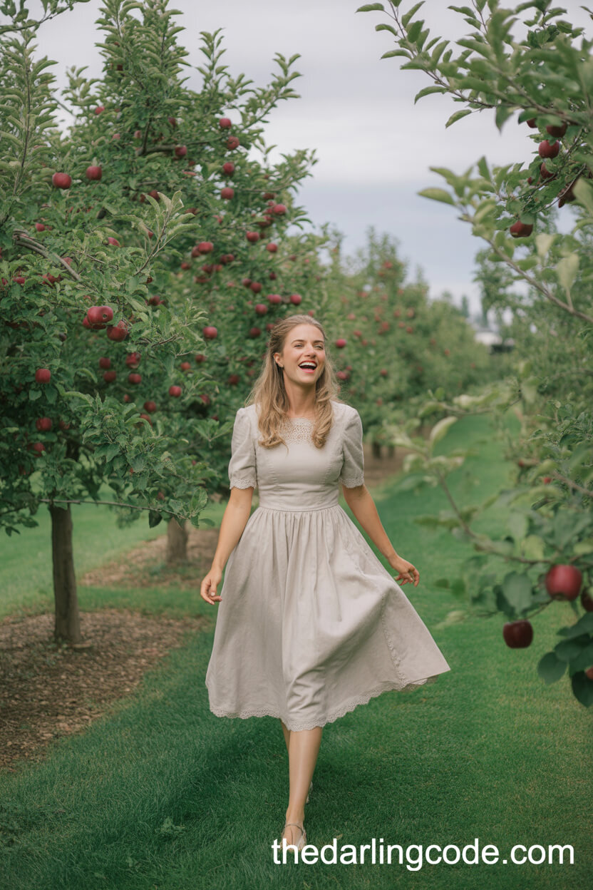Tea-Length Rustic Wedding Dress In A Sunlit Orchard