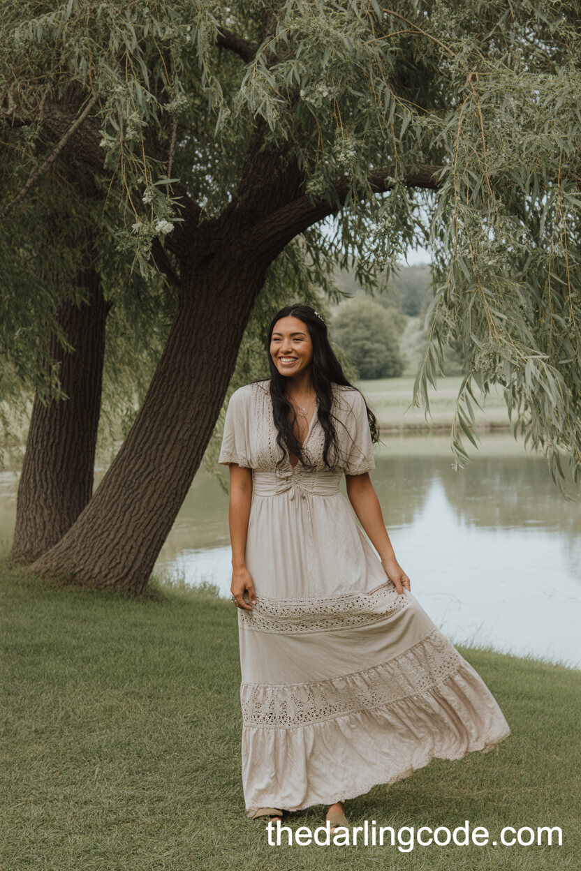 Boho Rustic Wedding Dress With Lace By A Willow Tree