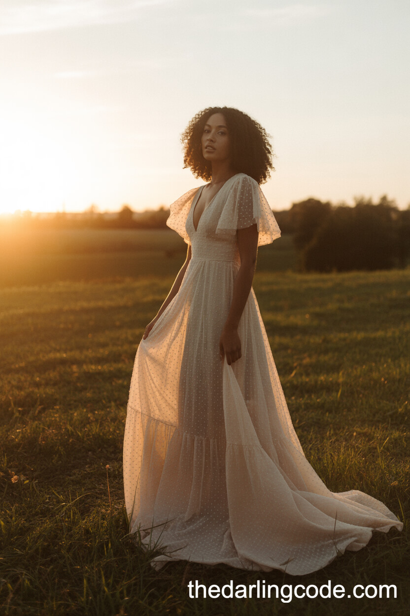 Open Back Rustic Wedding Gown With Flutter Sleeves
