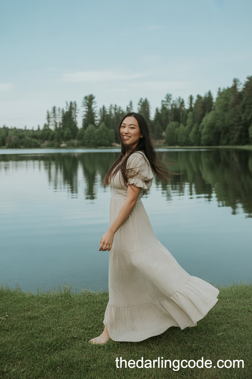 Flowing Rustic Wedding Dress By A Lakeside Setting