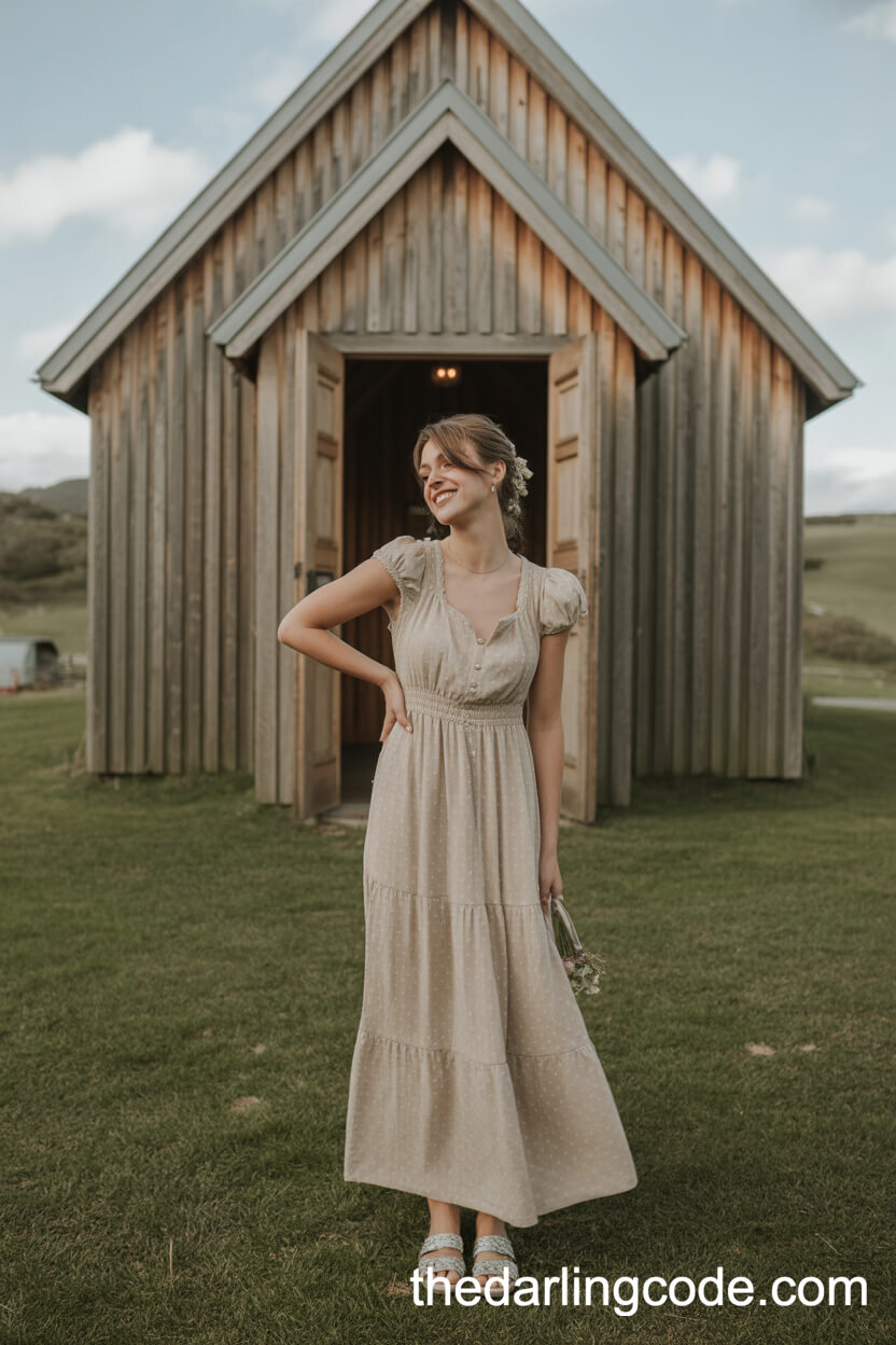 Rustic Wedding Dress With Cap Sleeves At A Country Chapel