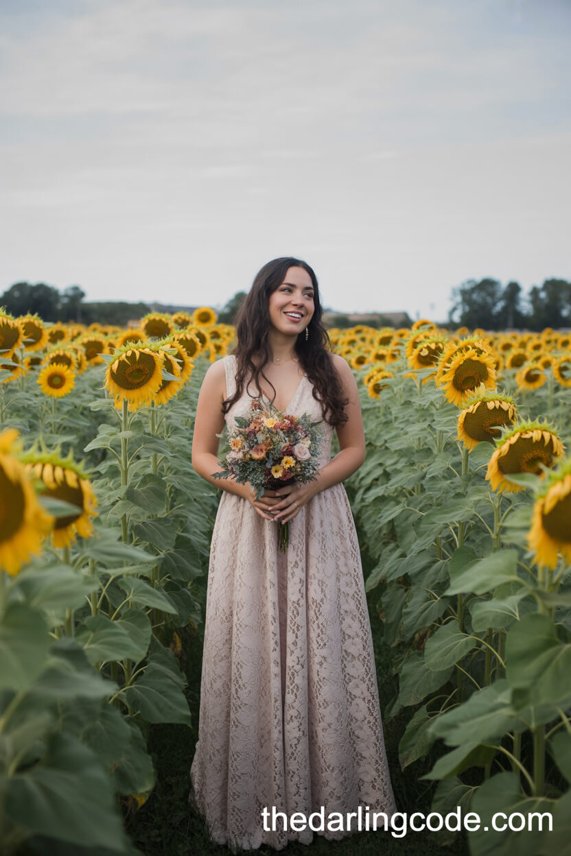 Rustic Lace Wedding Dress In A Sunflower Field
