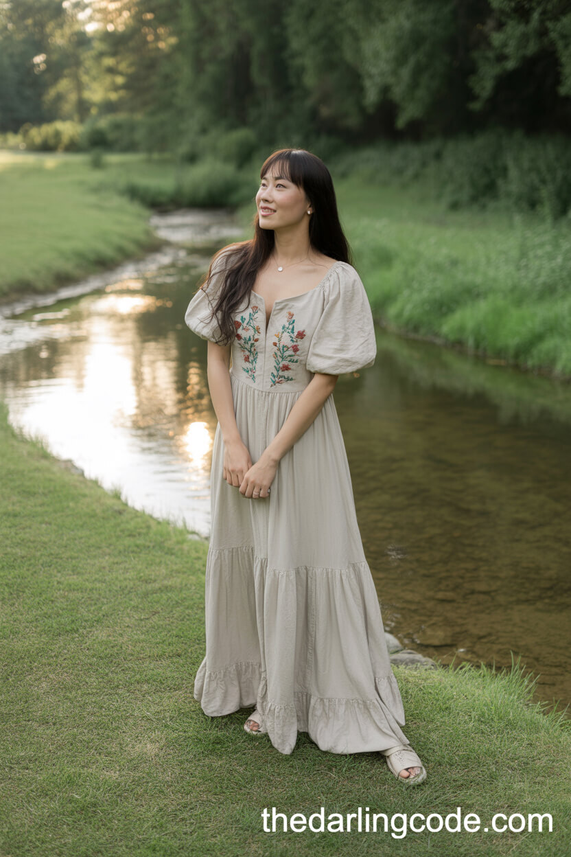 Whimsical Rustic Wedding Dress With Floral Embroidery