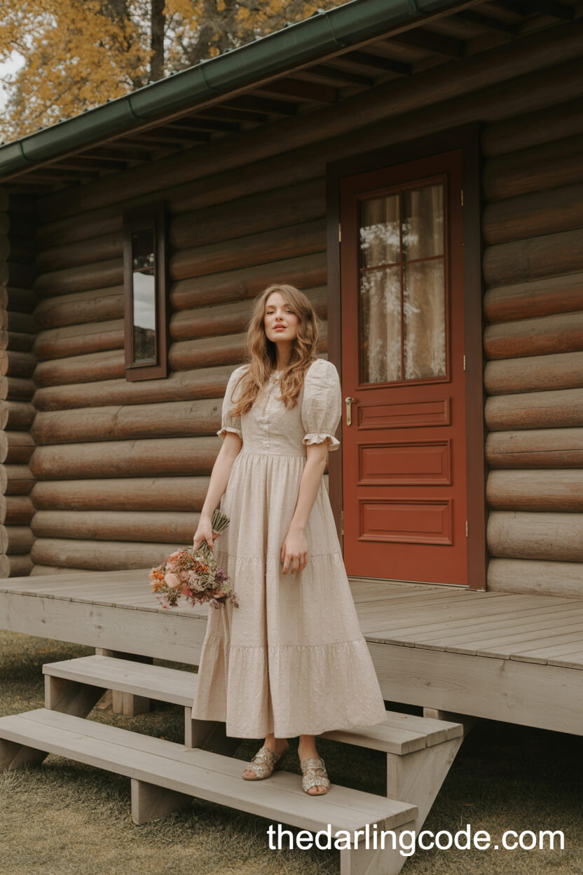Modest Rustic Wedding Dress On Log Cabin Steps