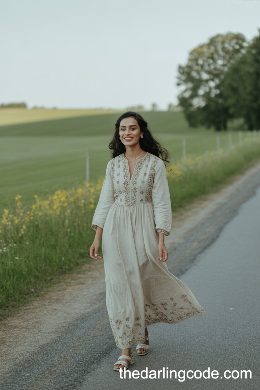 Embroidered Rustic Wedding Dress On A Country Road