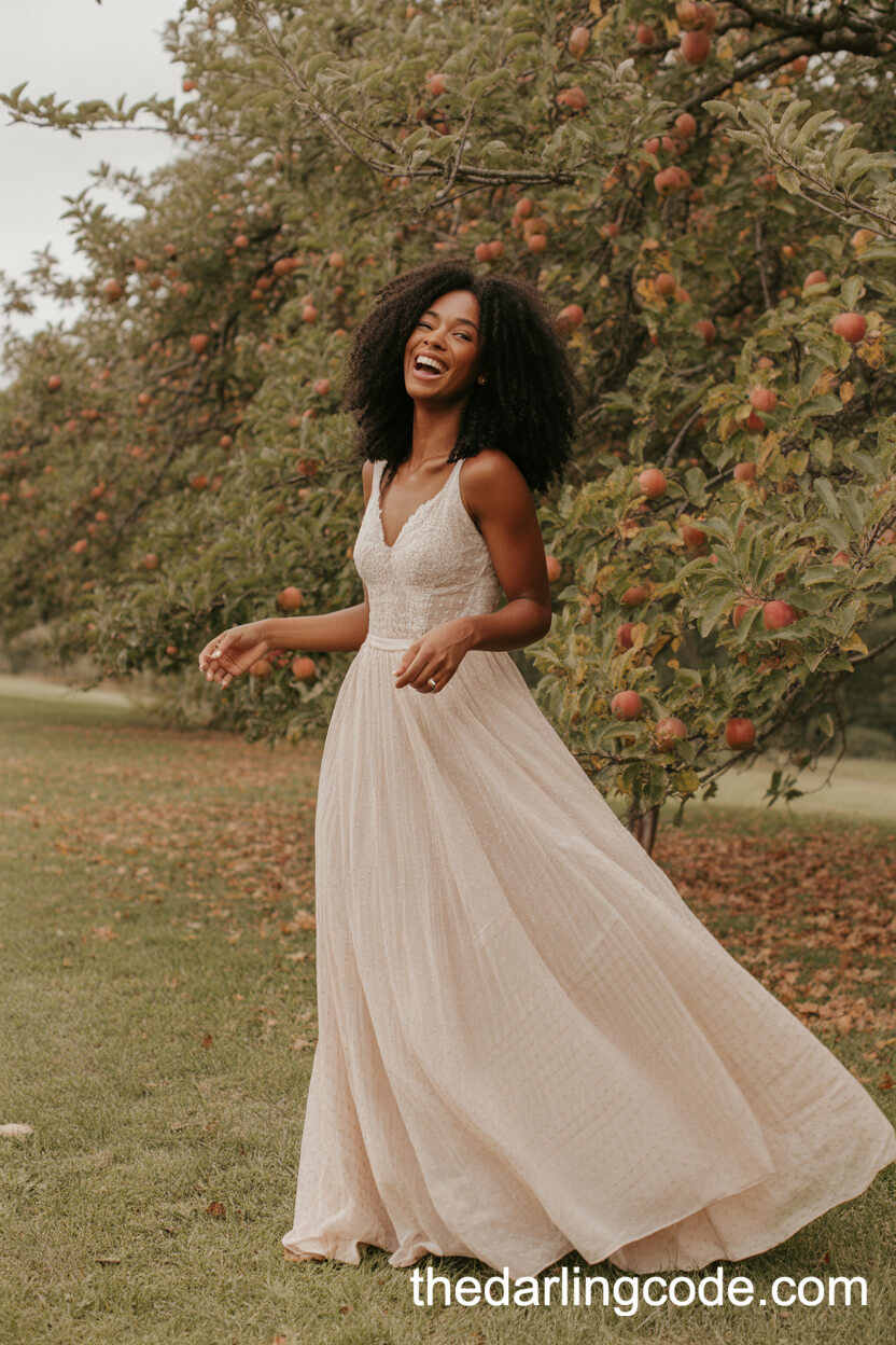 Flowing Rustic Wedding Gown In Autumn Apple Orchard