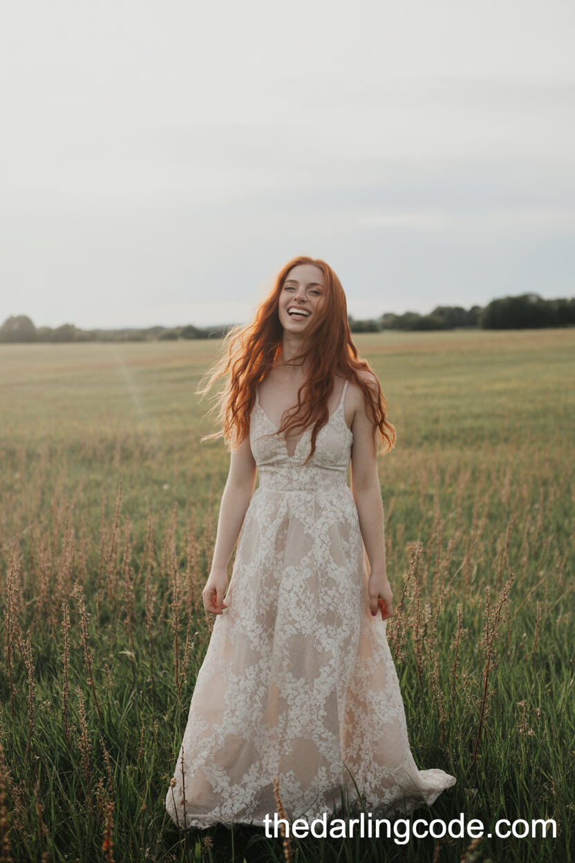 Lace Rustic Wedding Dress Amidst Wildflowers