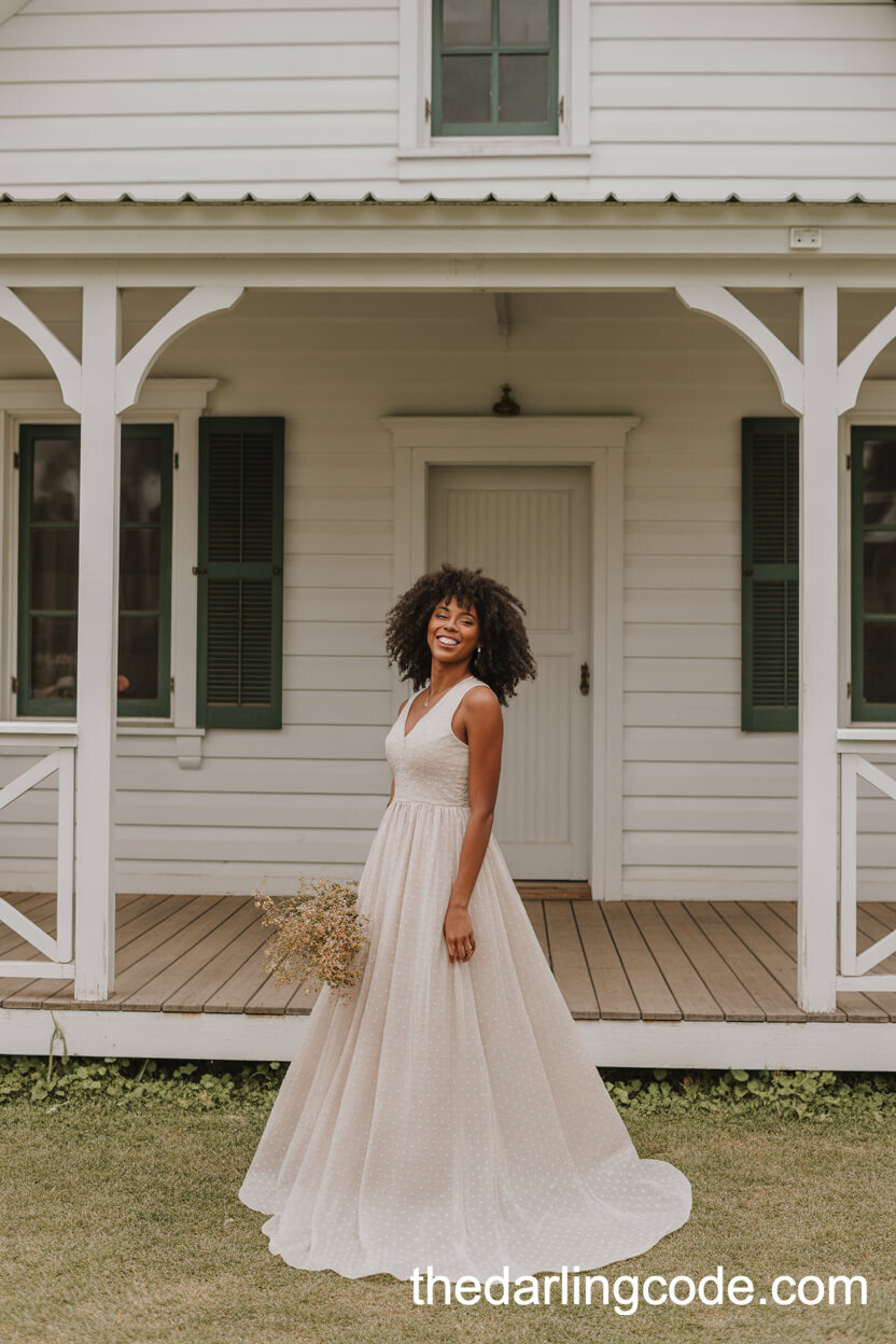 Rustic A-Line Wedding Gown On A Farmhouse Porch