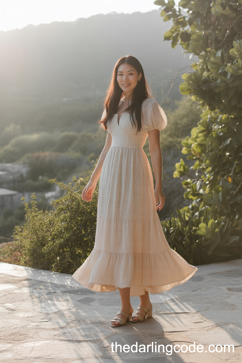 Rustic Wedding Dress With Flowy Skirt On A Stone Terrace