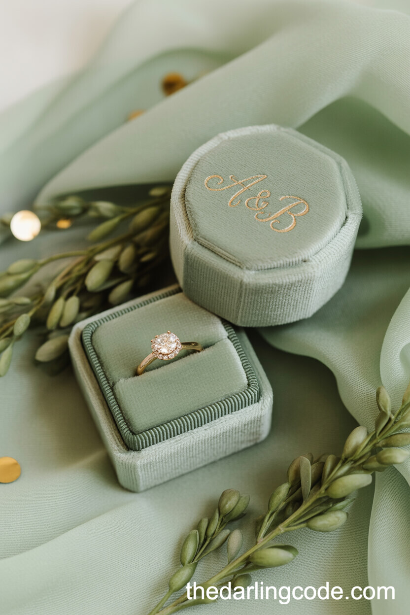 Velvet Sage Green Ring Box With Gold Script And Diamond Engagement Ring
