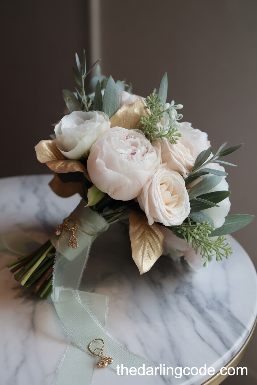 Bridal Bouquet Featuring White Blooms Sage Foliage And Gold Accents