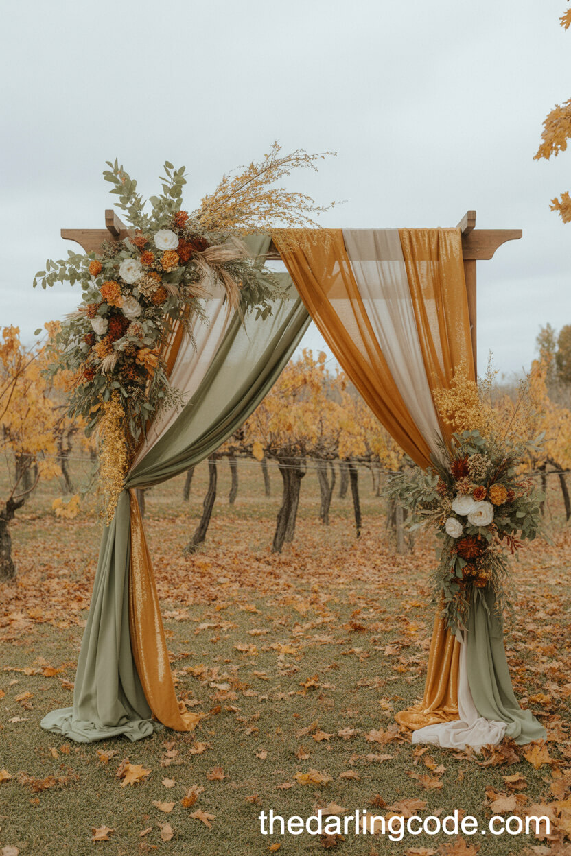 Autumn Vineyard Ceremony Arch Draped In Sage Green And Gold