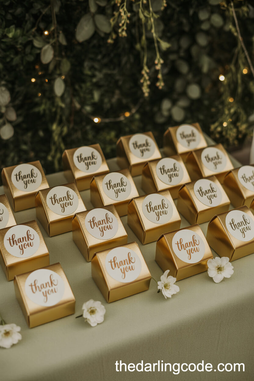 Wedding Favor Table With Mini Gold Gift Boxes And Floral Touches