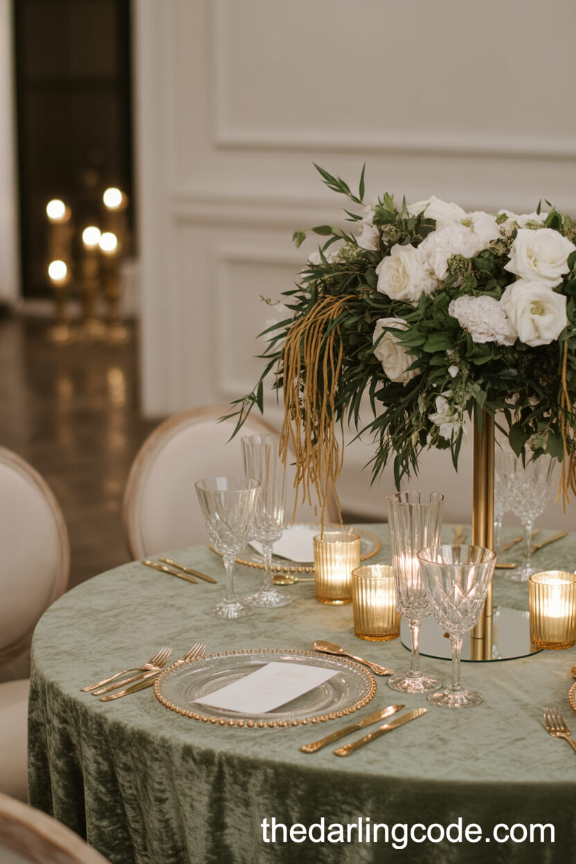 Opulent Sweetheart Table With Velvet Sage Green And Gold Accents