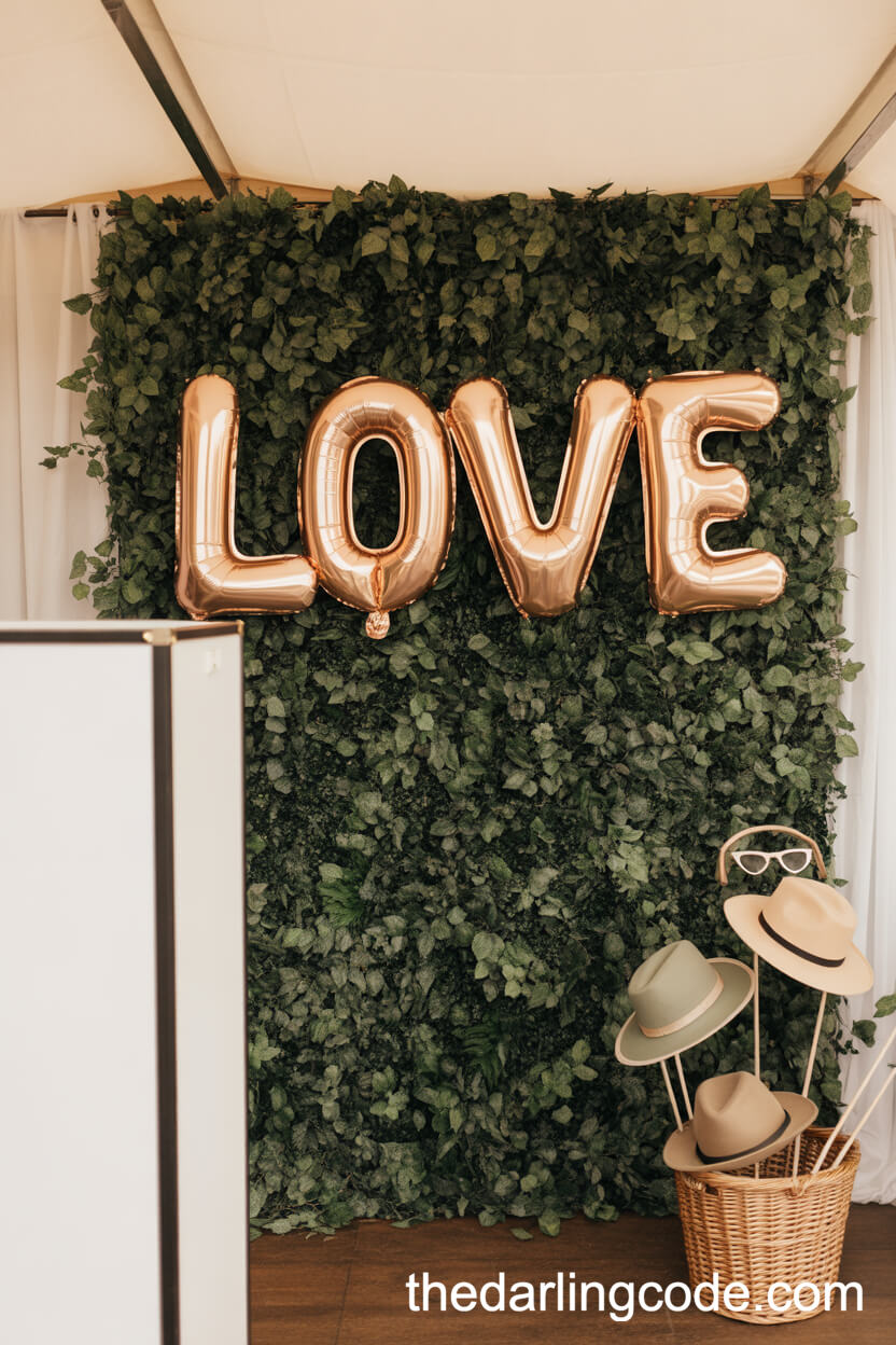 Lush Greenery Photo Booth Backdrop With Gold Balloon Letters