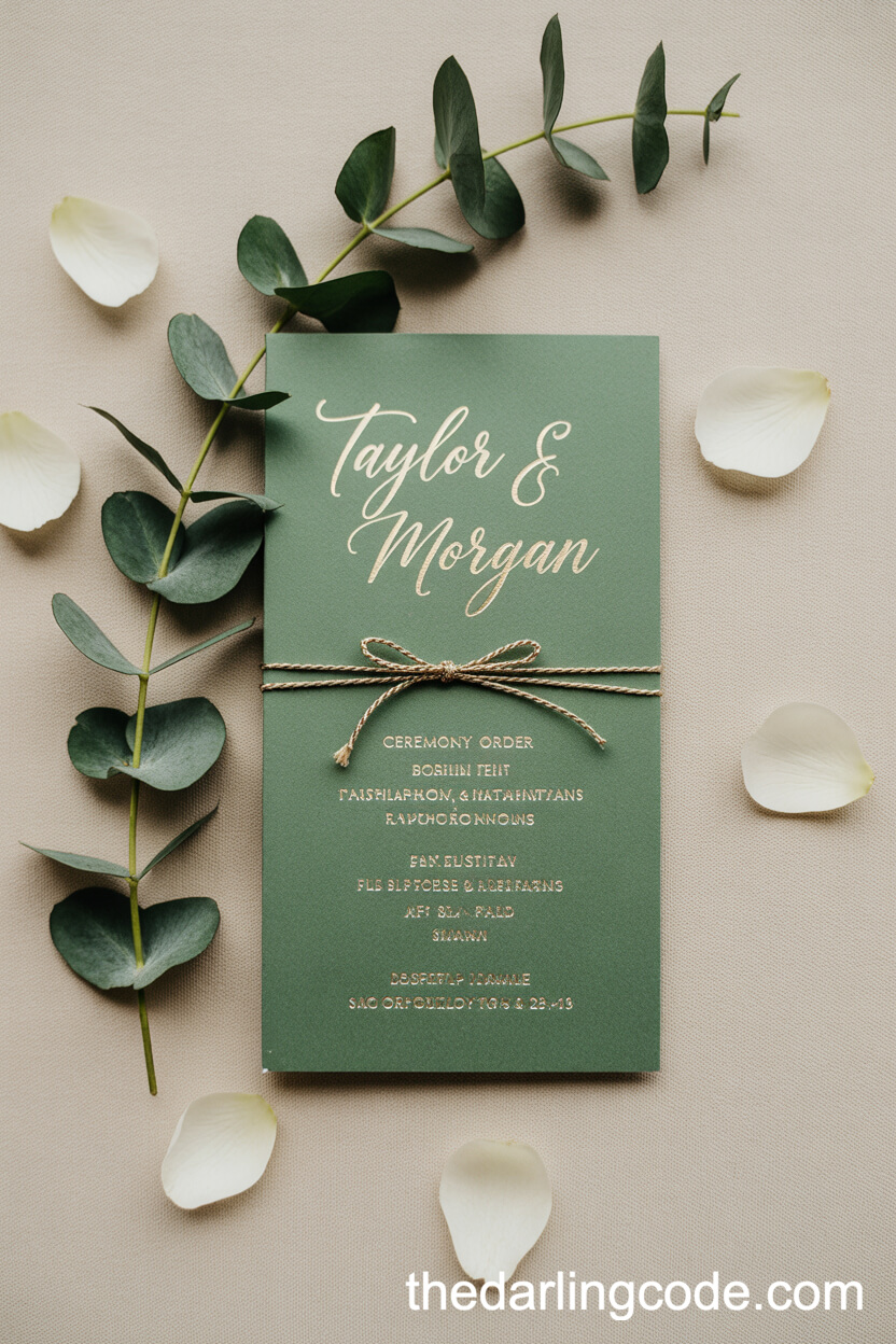 Elegant Wedding Programs In Sage Green And Gold Foil