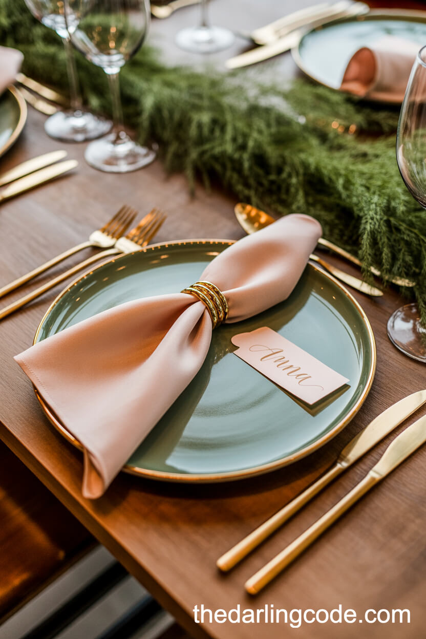 Sage Green And Gold Place Setting With Personalized Name Cards
