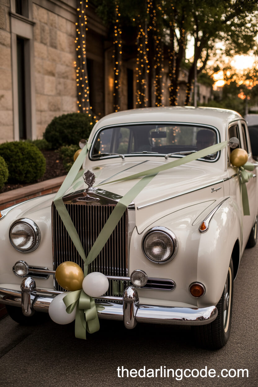Classic White Vintage Wedding Car With Sage Ribbons And Gold Balloons