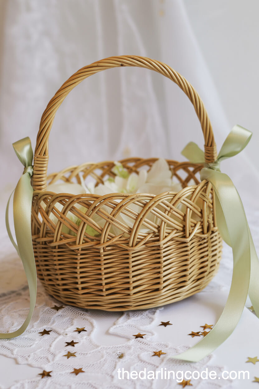 Gold-Accented Flower Girl Basket With Sage Green Ribbons