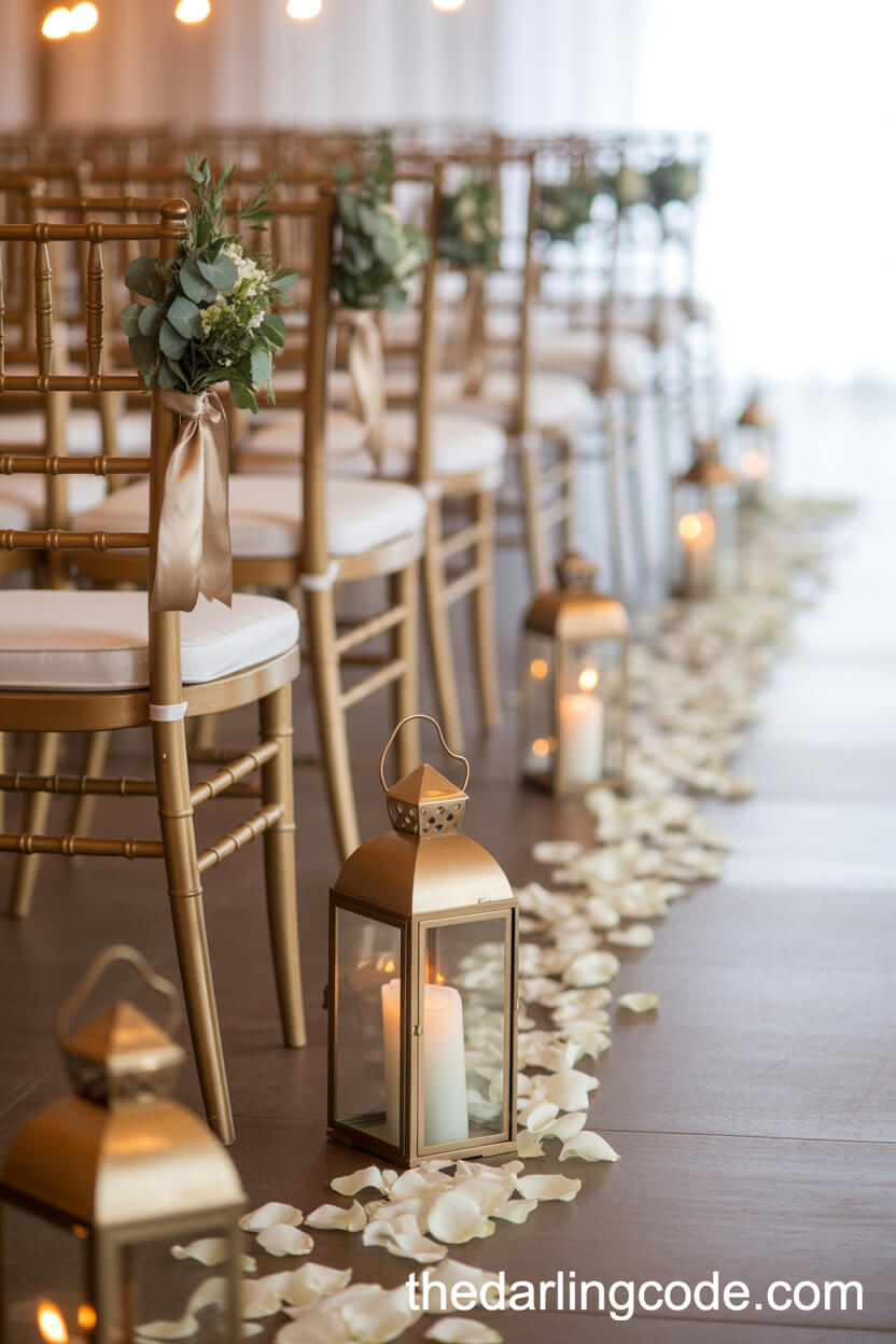 Romantic Wedding Aisle Lined With Sage Greenery And Gold Lanterns