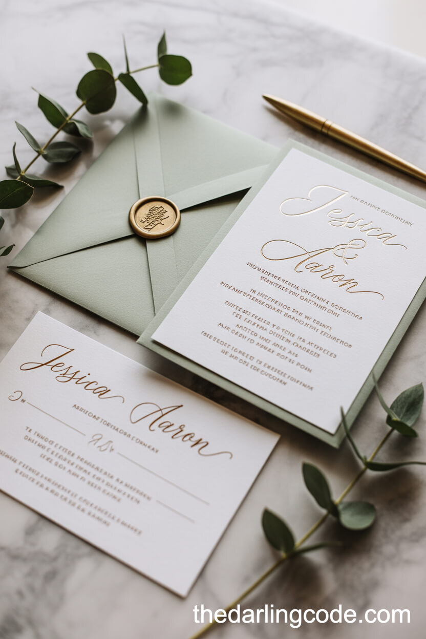 Sage Green And Gold Wedding Invitation Suite With Calligraphy