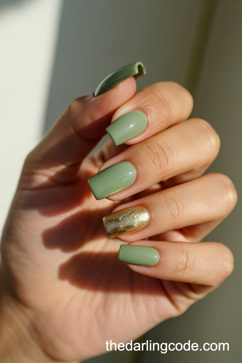 Sage Green Coffin Nails With Gold Foil Accents