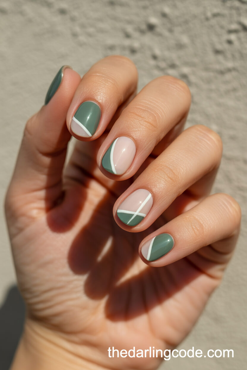 Modern Geometric Patterns In Sage Green On Round Nails