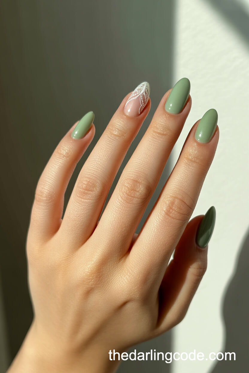 Delicate White Lace Pattern On Sage Green Almond Nails
