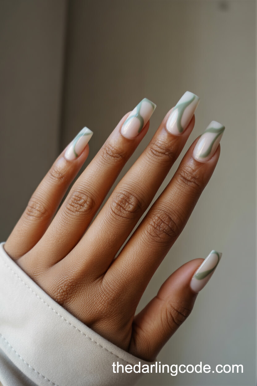 Nude Base With Sage Green Abstract Swirls On Coffin Nails