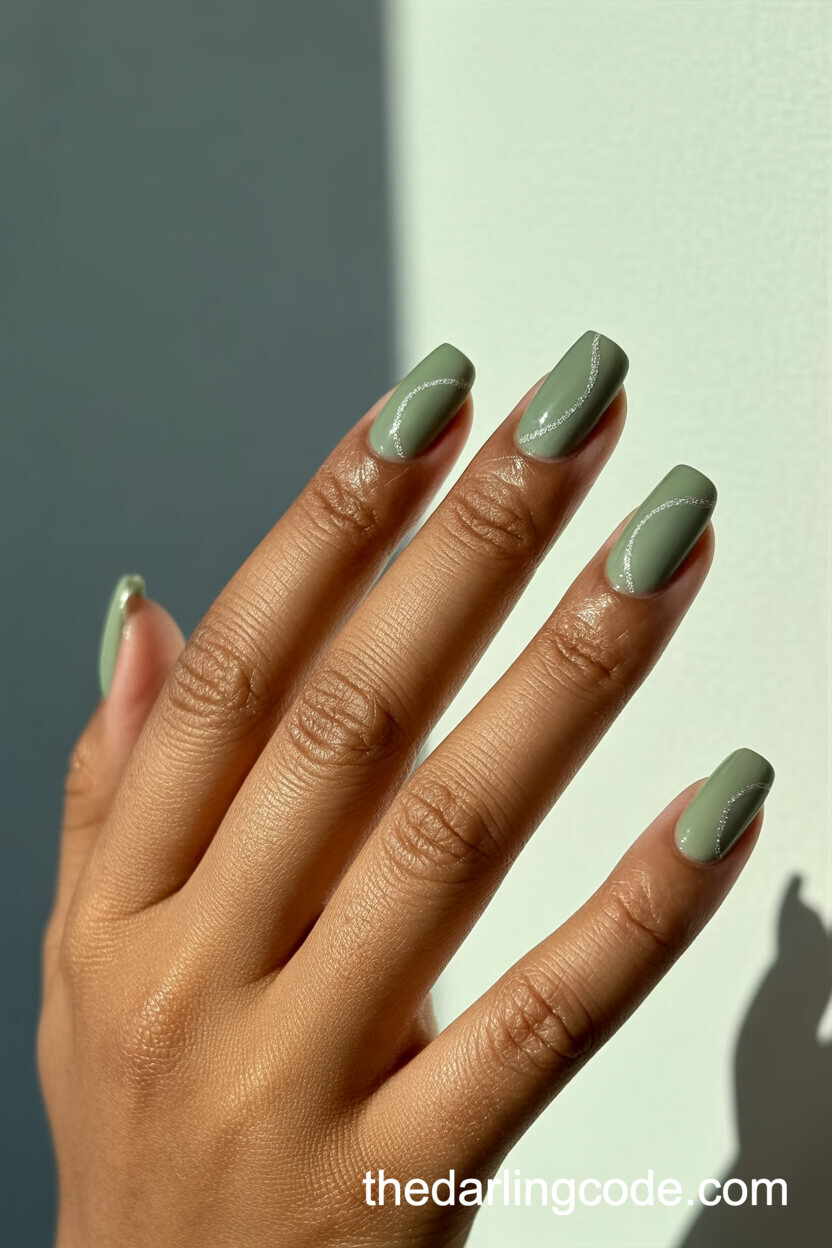 Fine Silver Line Art Over Sage Green On Squoval Nails