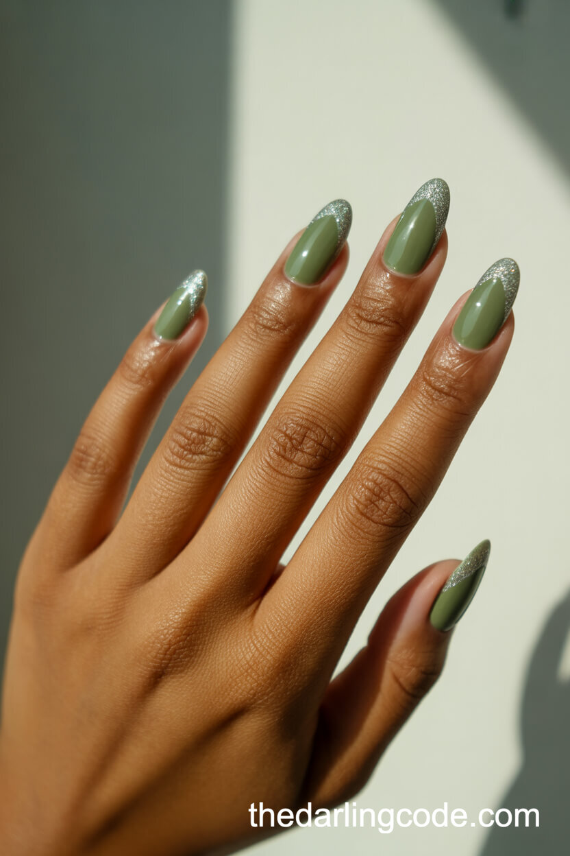 Sage Green With Silver Glitter Gradient On Almond Nails