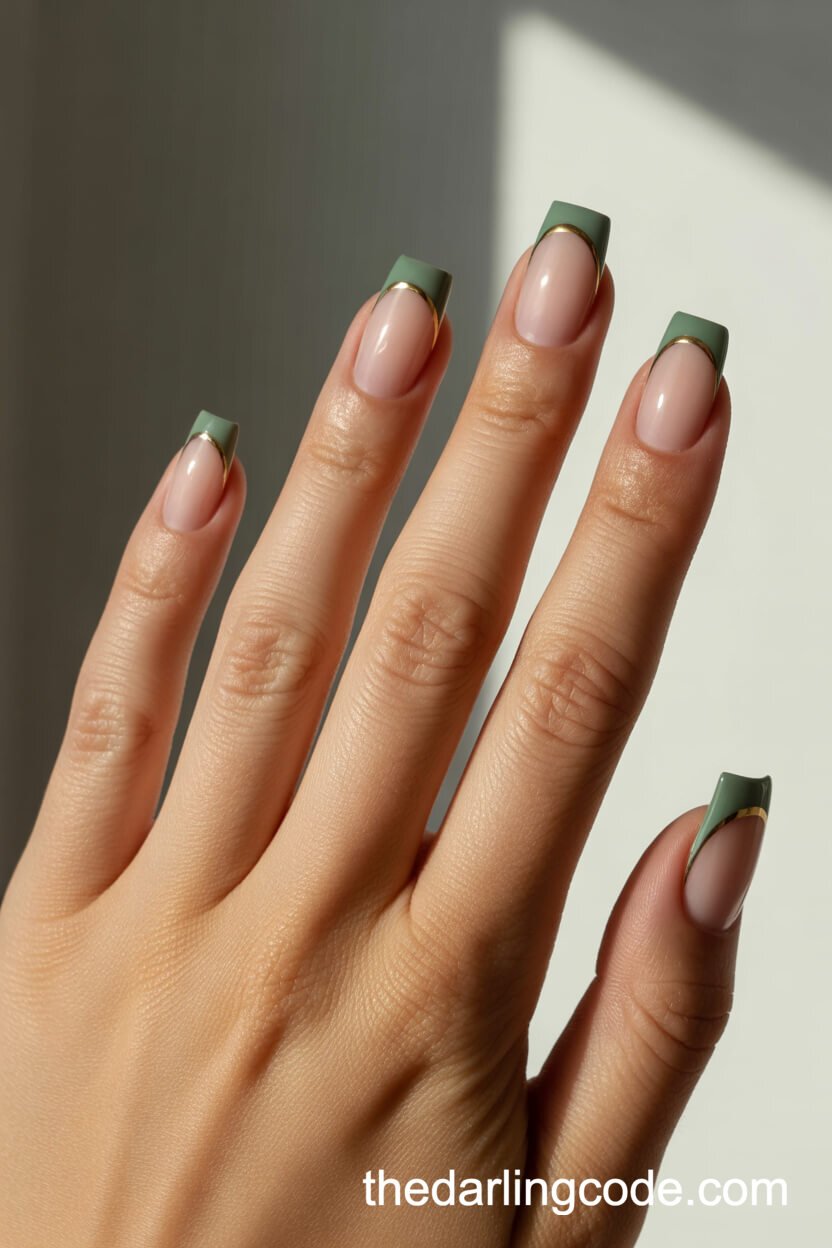 Matte Sage Green French Tips Outlined In Gold On Square Nails