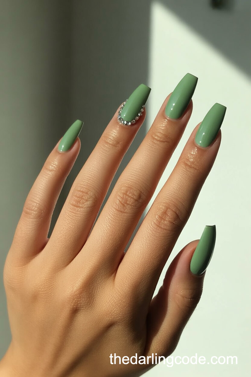 Solid Sage Green Coffin Nails With Clear Rhinestones