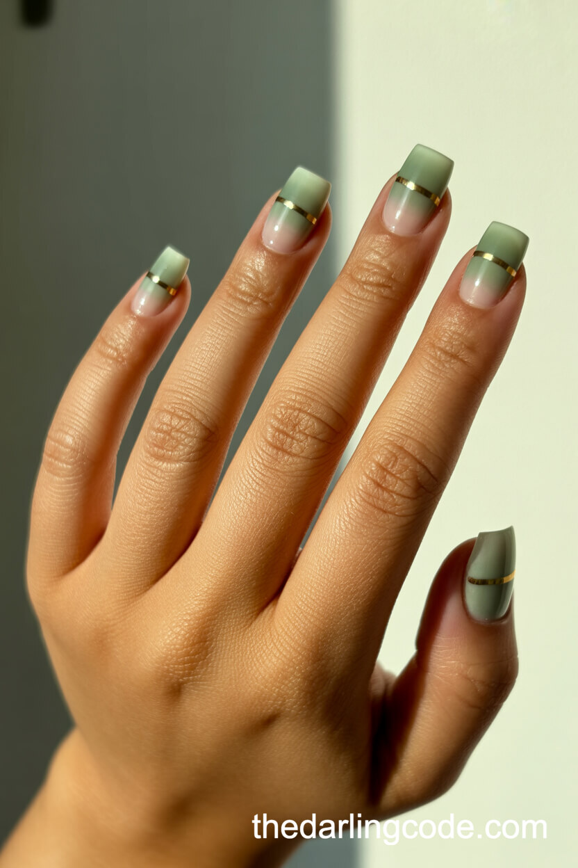 Sage Green Ombre With Horizontal Gold Stripe On Square Nails