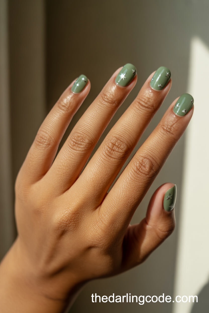 Tiny Star Accents On Sage Green Round Nails