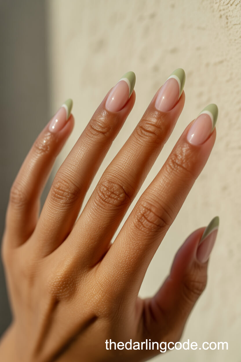 Delicate Sage Green French Tips On Almond Nails