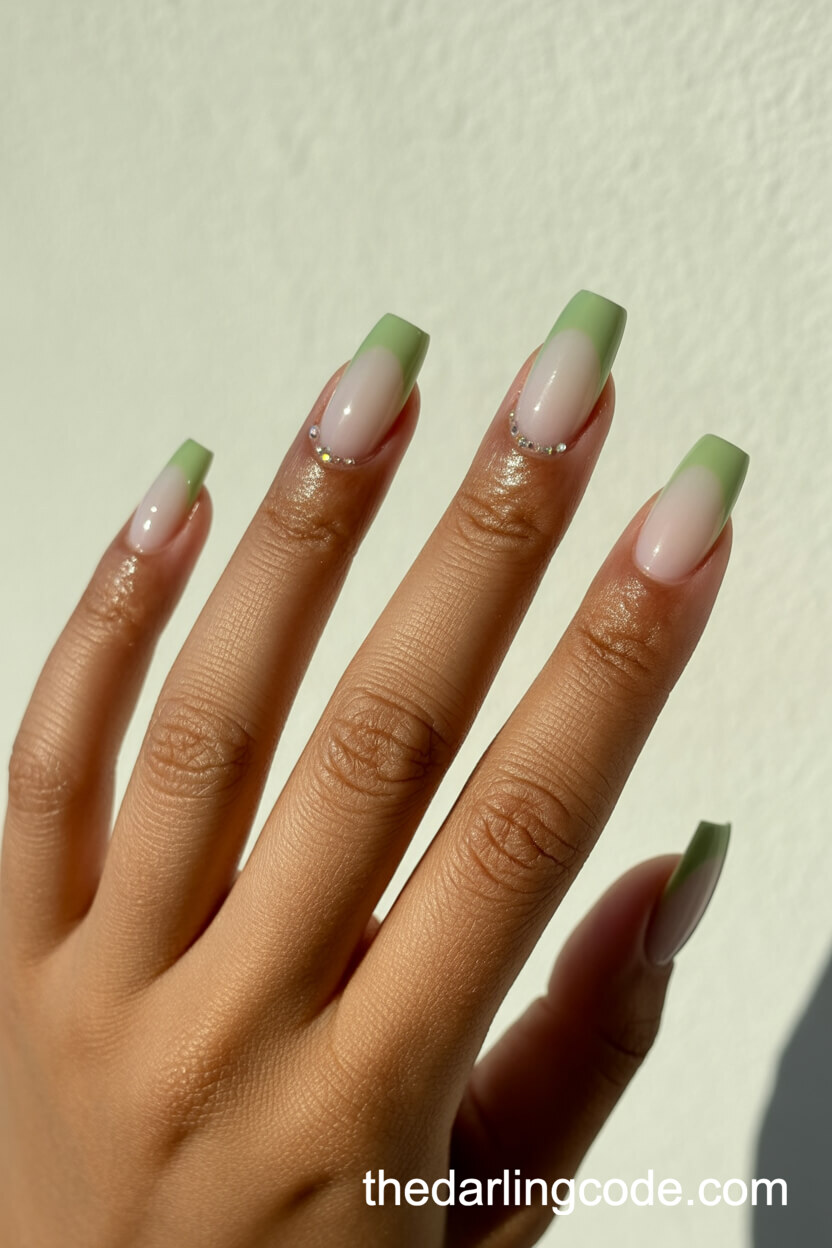 Milky White To Sage Green Ombre With Crystals On Coffin Nails