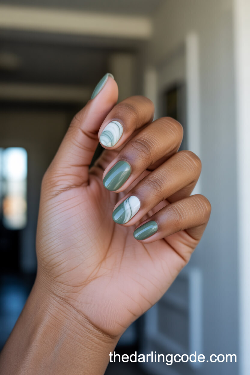 Sage Green And White Marble Design On Oval Nails
