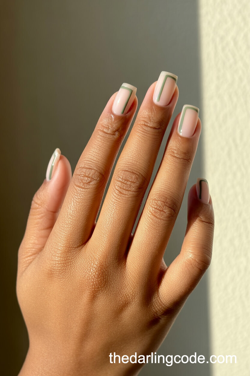 Minimalist Sage Green Linework On Nude Square Nails