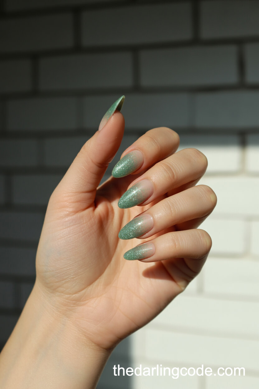 Sage Green Glitter Ombre On Stiletto Nails