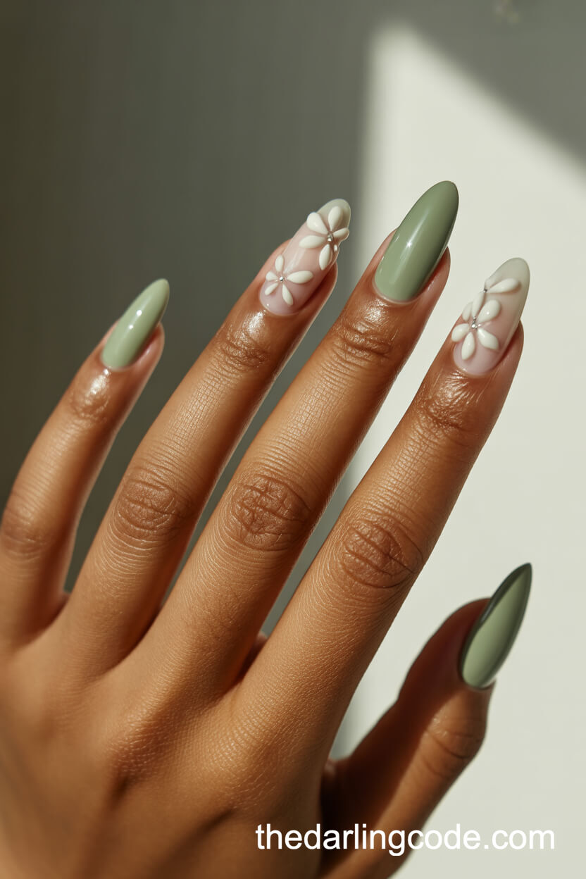 Solid Sage Green Almond Nails With 3D White Flowers