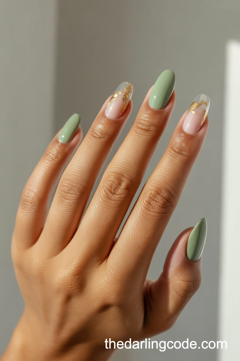 Sage Green And Gold Leaf Alternating On Squoval Nails
