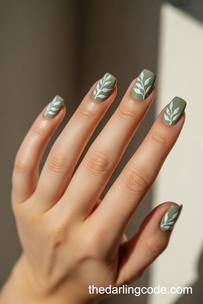 Painted White Botanical Leaf Art On Sage Green Square Nails