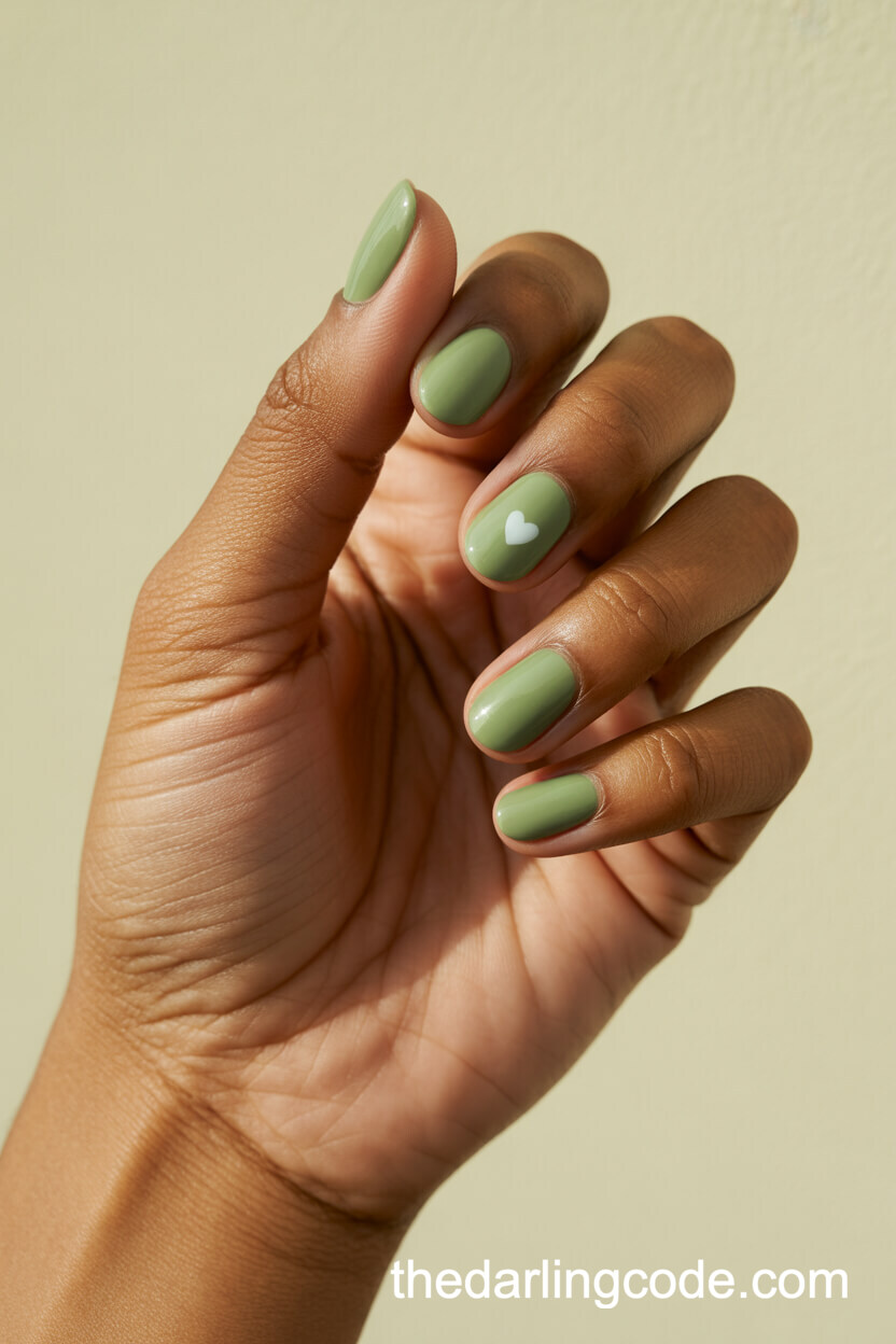 Tiny White Heart Detail On Sage Green Oval Nails