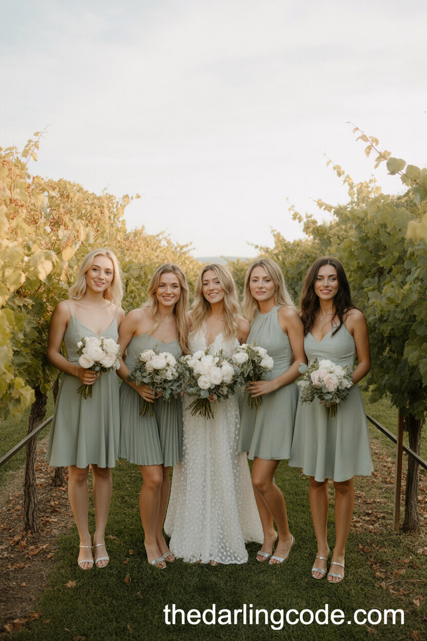 Bridesmaids In Mismatched Sage Green Dresses